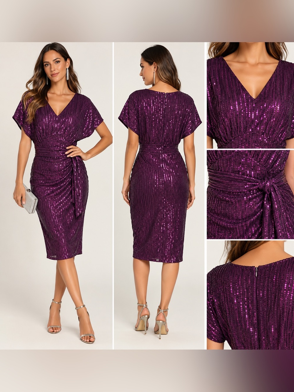 💜 GRACE KARIN Purple Sequin Ruched Cocktail Dress – Size Small NWT